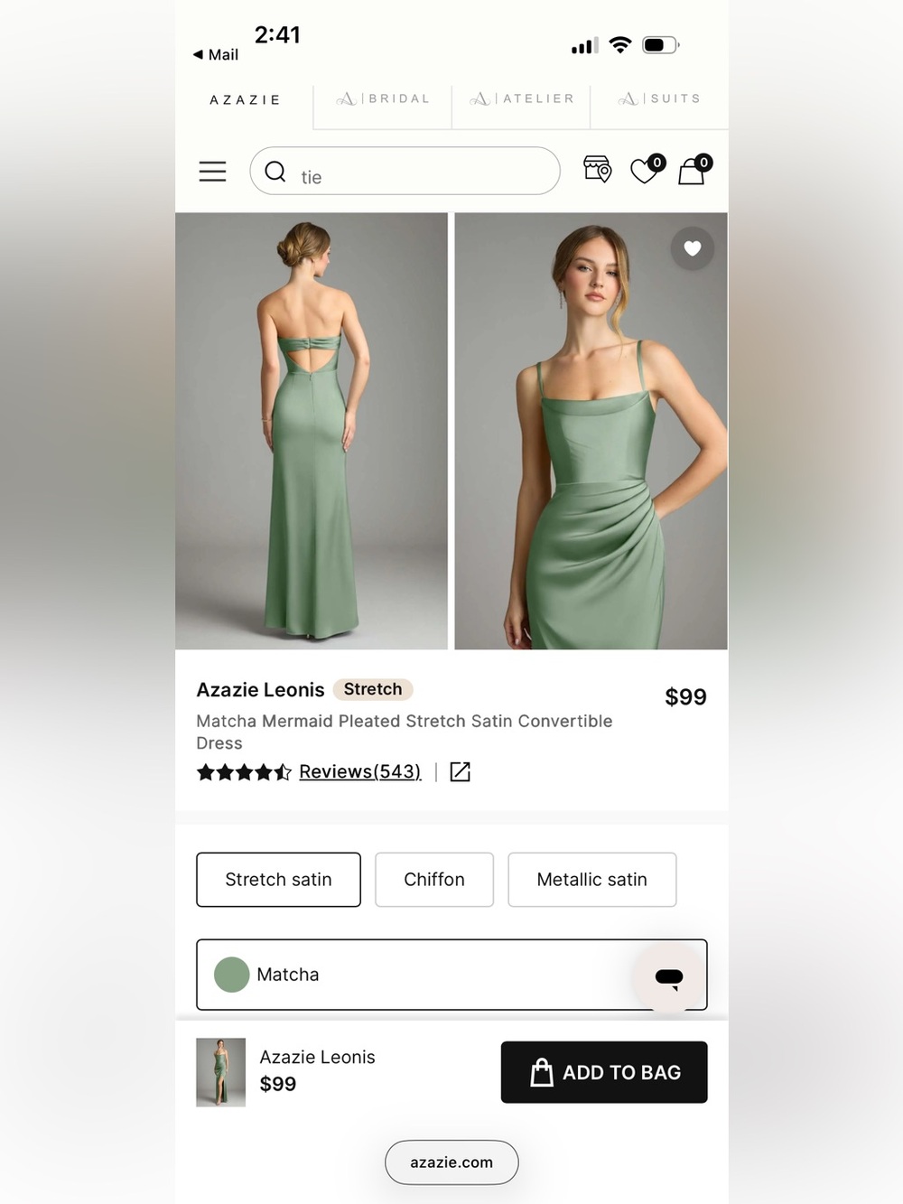 Azazie Leonis Matcha dress